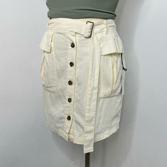 Nicole Miller Linen Blend Utility Mini Skirt L Button Front Belted Cream - Picture 1 of 9